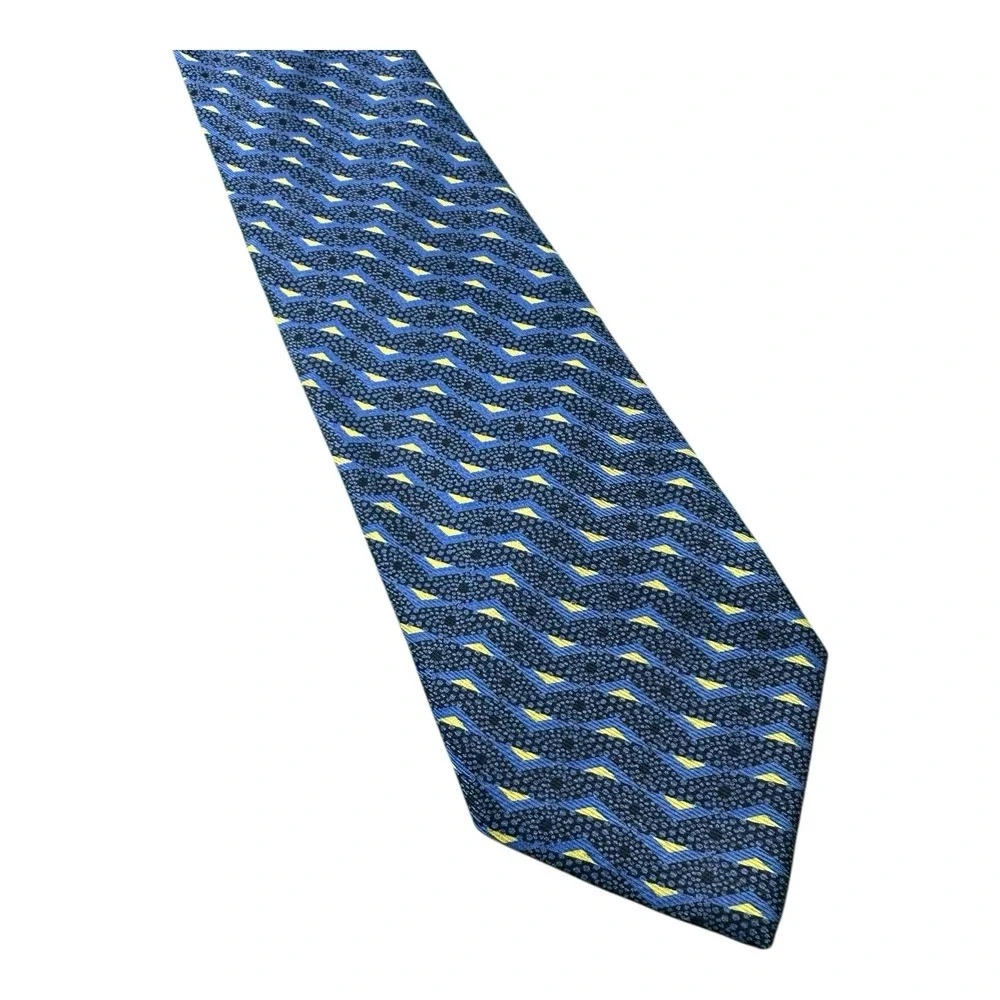 Brioni Blue Yellow Geometric Pure Silk Men's Tie 3.75 Inch Width